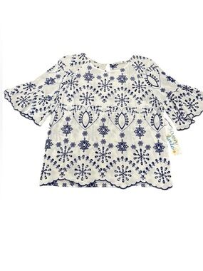 NWT Given Kale White & Blue Embroidered Eyelet Scallop Boho Blouse Size Small